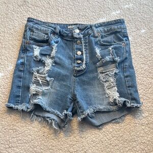 High Rise Distressed Blue Jean Button Fly Shorts with Raw Cut-Off Hem